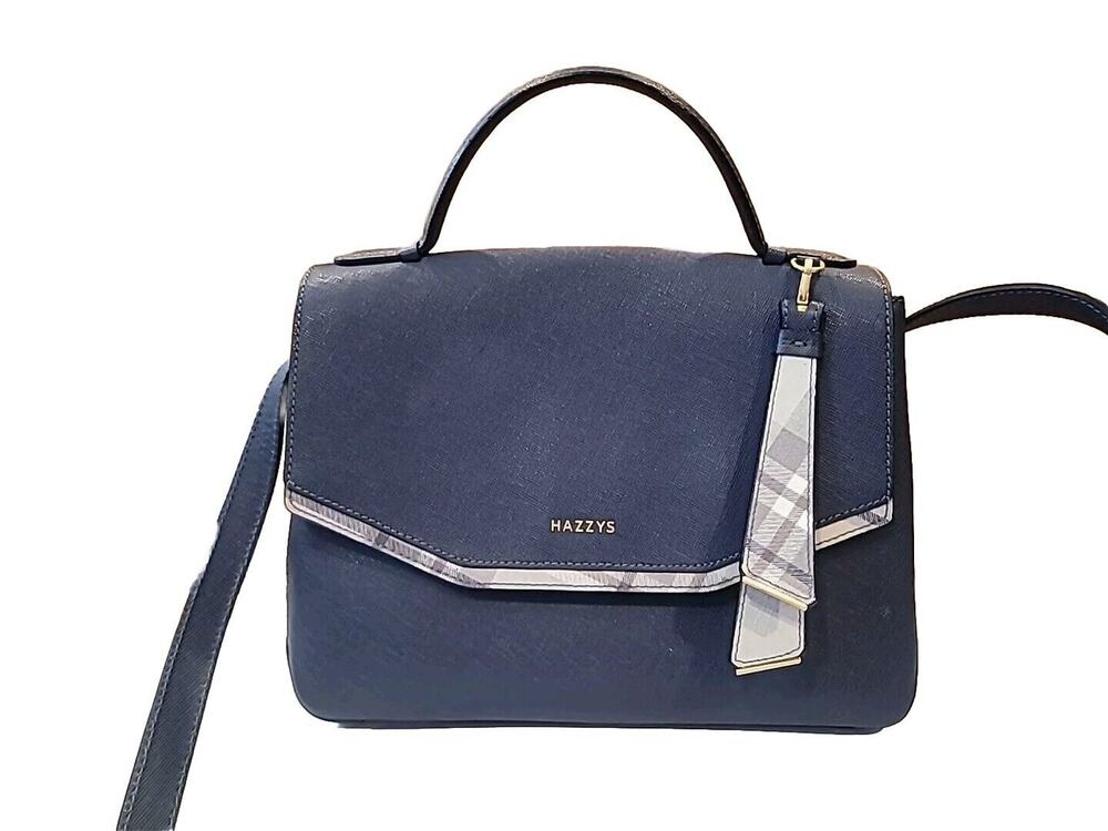 Hazzys Crossbody Casual Classic Satchel Bag Blue With Tan Plaid